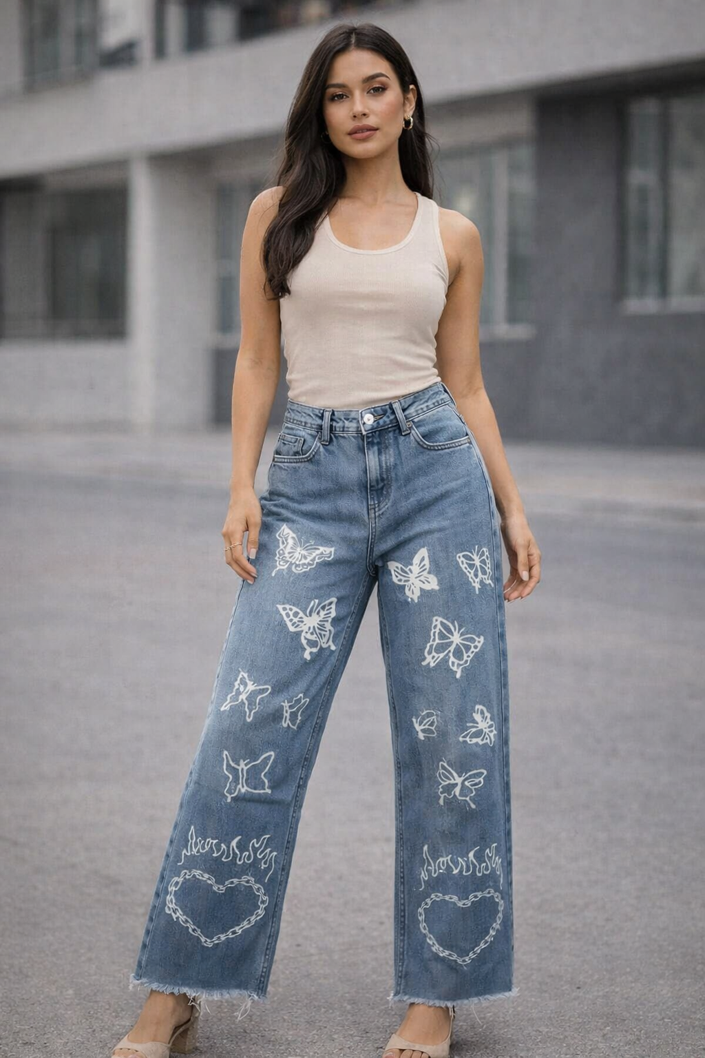 Butterfly Print Relaxed Straight Fit Jeans
