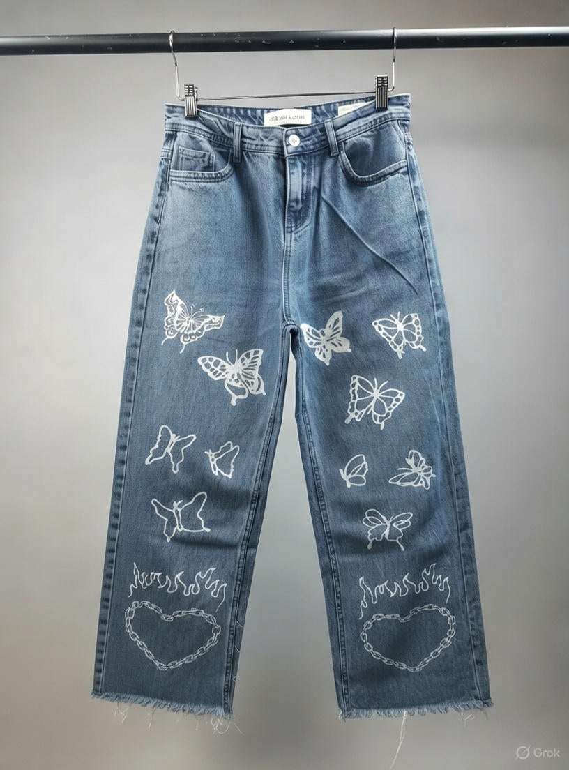 Butterfly Print Relaxed Straight Fit Jeans