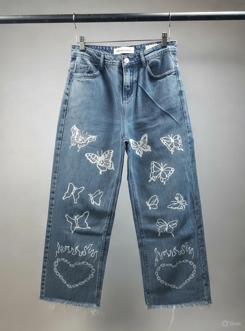 Butterfly Print Relaxed Straight Fit Jeans