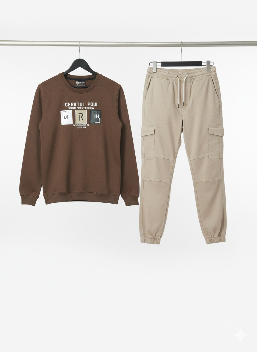 Pair of Winter Trouser Shirt Dark Brwon and Cream color combo